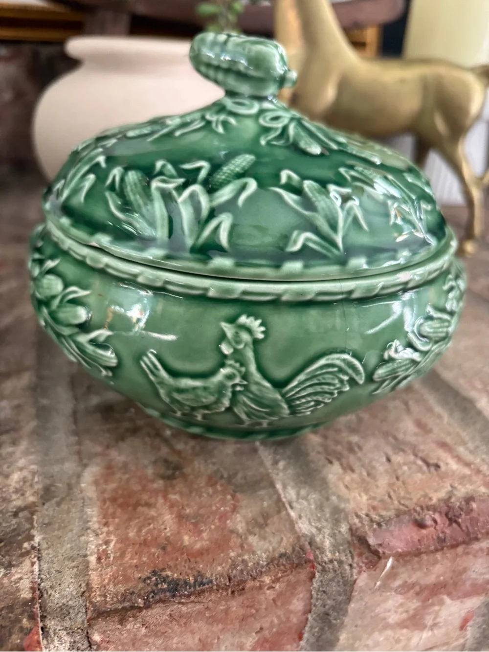 Vintage Sur La Table rooster and corn dish with lid, Portugal